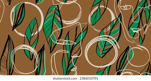 Seamless pattern line drawing of women with different faces and floral leaves.
