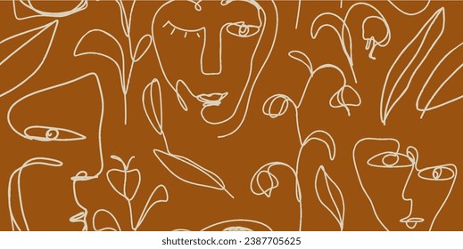 Seamless pattern line drawing of women with different faces and flowers
