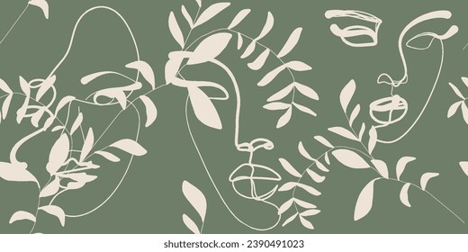 Nahtlose Musterzeilenzeichnung von Frauen mit unterschiedlichen Gesichtern und Blumen.