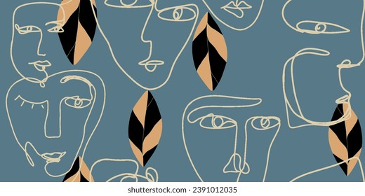 Dibujo de patrones sin foco de mujeres con caras y flores diferentes.

