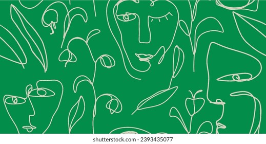 Seamless pattern line drawing of women with different faces and flowers 