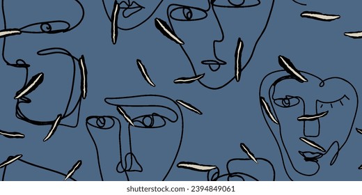 Nahtlose Musterzeilenzeichnung von Frauen mit unterschiedlichen Gesichtern.
