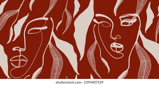 Seamless pattern line drawing of women with different faces and floral.
