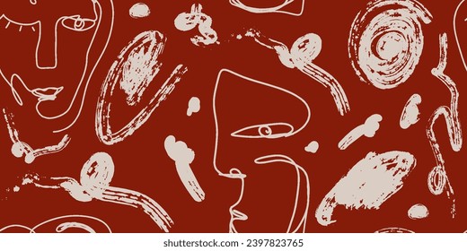 Seamless pattern line drawing of women with different faces and abstract lines.

