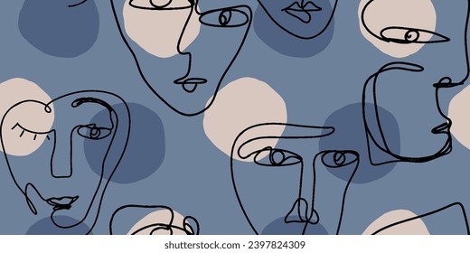 Dibujo de líneas de patrones impecables de mujeres con caras diferentes.
