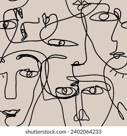 Seamless pattern line drawing of women with different faces
