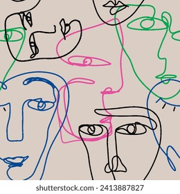 Seamless pattern line drawing of women with different faces
