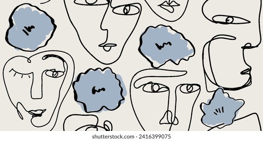 Seamless pattern line drawing of women with different faces and floral flowers.

