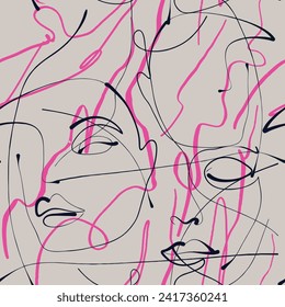 Seamless pattern line drawing of women with different faces
