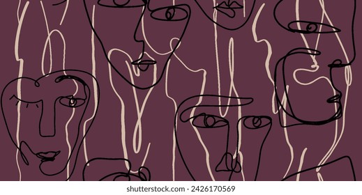 Seamless pattern line drawing of women with different faces
