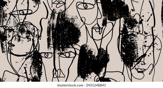 Seamless pattern line drawing of women with different faces
