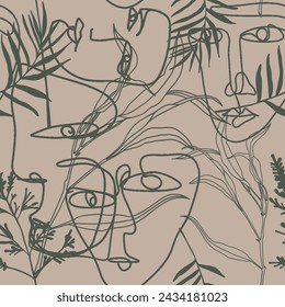 Seamless pattern line drawing of women with different faces and floral elements
