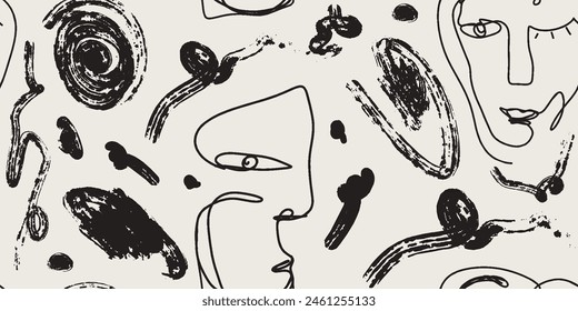 Seamless pattern line drawing of women with different faces
