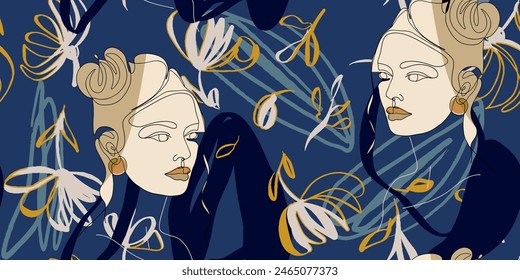 Seamless pattern line drawing of women with flowers and floral elements
