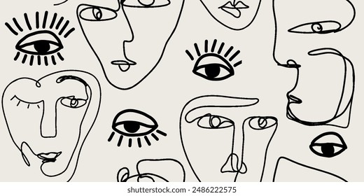 Seamless pattern line drawing of women with different faces