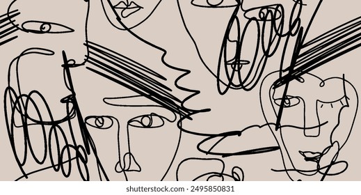 Seamless pattern line drawing of women with different faces