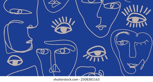 Desenho de linha de padrão contínuo de mulheres com rostos diferentes
