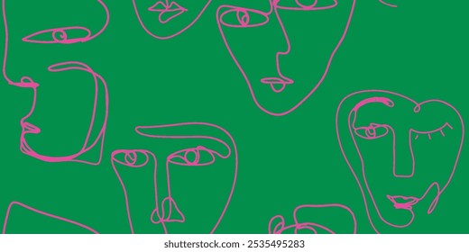 Seamless pattern line drawing of women with different faces