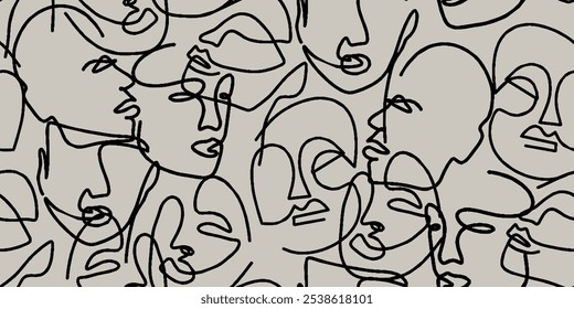 Seamless pattern line drawing of women with different faces