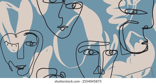 Seamless pattern line drawing of women with different faces and abstract lines