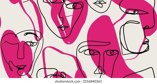 Seamless pattern line drawing of women with different faces and abstract lines.
