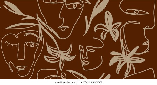 Seamless pattern line drawing of women with different faces and floral flowers.
