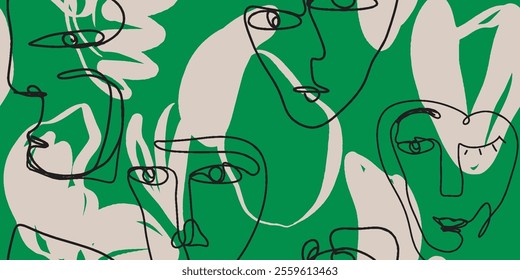 Seamless pattern line drawing of women with different faces and abstract lines.