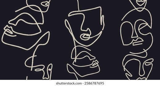 Seamless pattern line drawing of women with different faces