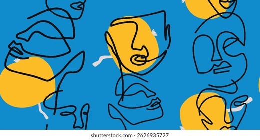 Desenho de linha de padrão contínuo de mulheres com diferentes formas de face e abstratas
