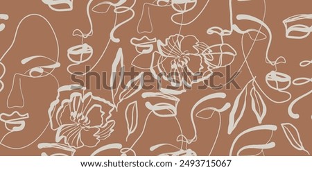 Seamless pattern line drawing of women with different faces and floral elements, flowers.

