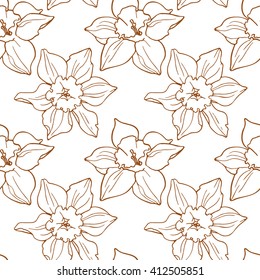 Seamless pattern with line drawings of daffodils flowers on a white background.
