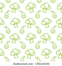 Seamless Pattern of line green broccoli and avocado. Vector illustration isolated on white background.