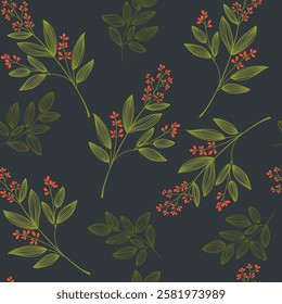 Seamless pattern with line green leaves and red berries on dark background.