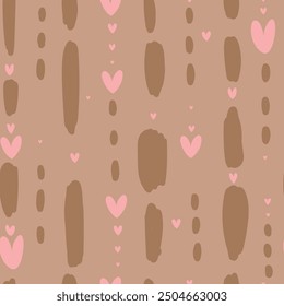 Seamless pattern with line and hearts on brown background, Valentine"s pattern, love. Vector illustration.	
