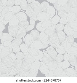 Seamless pattern of line hydrangea flowers for fabric design. Luxurious line art of spring flowers. 