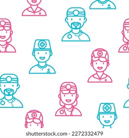 Seamless Pattern with Line Icons of Nurses and Doctors. Vector illustration.