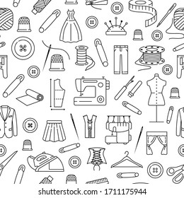 Seamless pattern with line icons of sewing. background for sewing atelier, workshop. Clothing repair. Concept for web banners, site and printed materials.