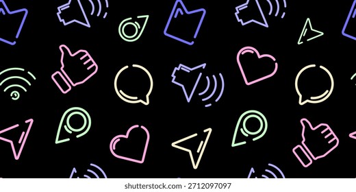 Seamless pattern of line icons for social media and mobile interface with various symbols, for wallpapers, web backgrounds, UI design, app themes, and digital marketing. Vector illustration