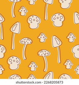 Seamless pattern with line mushrooms in warm yellow colors in hippie style.