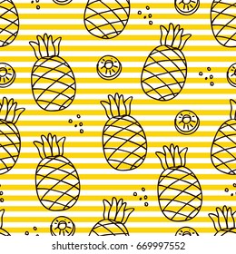 Seamless pattern with  line pineapples. The background is drawn by hand. Vector illustration.