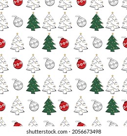 Seamless pattern with line and silhouette of Christmas trees and balls. Happy new year print for wrapping paper, textile and design