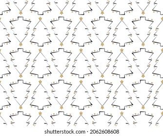 Seamless pattern with line and silhouette Christmas trees, stars and festive garlands. Happy New Year print for wrapping paper, textile and design