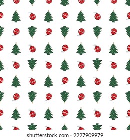 Patrón sin foco con línea y silueta de árboles y bolas navideños. Feliz año nuevo impreso para envolver papel, textiles y diseño. Ilustración plana del vector