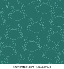 Seamless pattern of line silhouette crab on dark green color. Cute background in doodle style. Marine, summer and travel theme. 