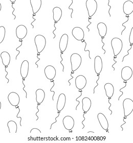 Seamless pattern with line silhouettes cartoon balloons on white background. Colorful Vector Illustration for Birthday cards or wrapping. Hand drawn bubbles with black contour.