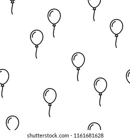 Seamless pattern with line silhouettes cartoon balloons on white background. Colorful Vector Illustration for Birthday cards or wrapping. Hand drawn bubbles with black contour.