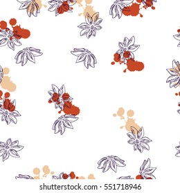 Seamless pattern with line sketch violet anise stars and abstract color backdrops on white background.  Cofffee spices print.  Hand drawn vector illustration.