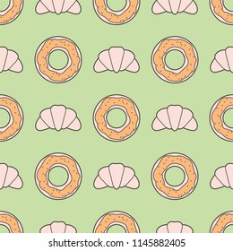 Seamless Pattern With Line Style Croissants And Donuts On Muted Retro Color Background. Vector Illustration