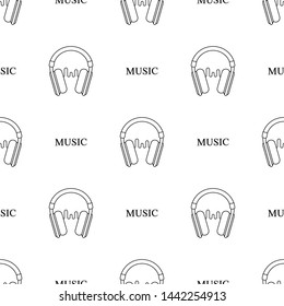 Seamless pattern with line style icon of headphone with sound wave on white background. Recording studio. Vector illustration for design, web, wrapping paper, fabric.