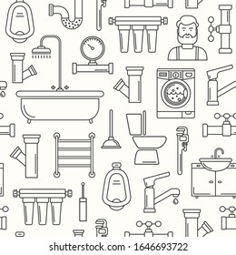 Nahtloses Muster mit schlanken Symbolen im Zeilenstil. Dünner Hintergrund für Installationen. Badezimmermuster mit schwarzen Umrissbildern von Badewanne, Schlüssel, Dusche, Rohr, Leck, Tropfen, Meter und Kolben